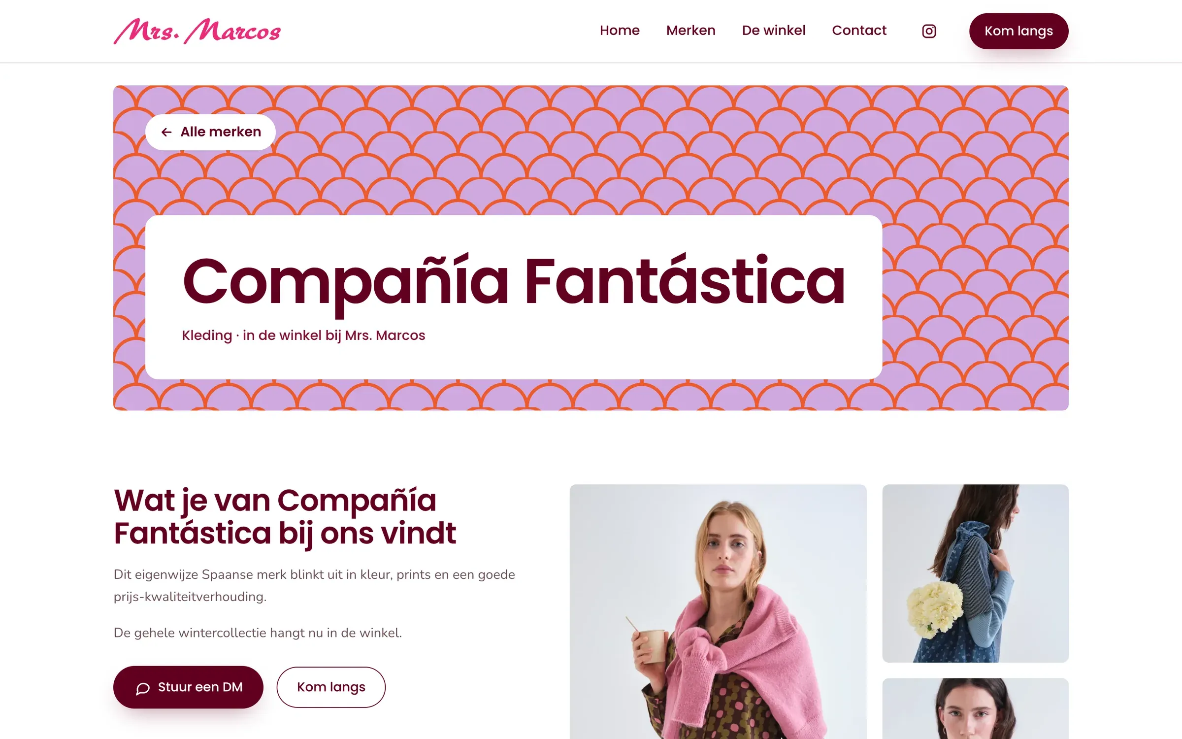 Merkpagina van Compañía Fantástica op mrsmarcos.nl, met een lila schubbenpatroon achter de merknaam en drie sfeerfoto's